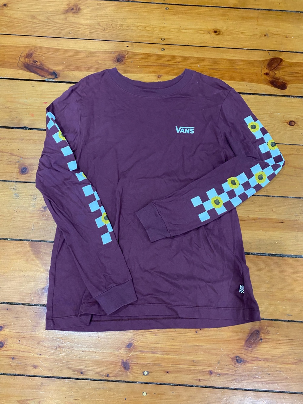 Vans Maroon Long Sleeve Tee with Checker & Sunflower Sleeves size medium